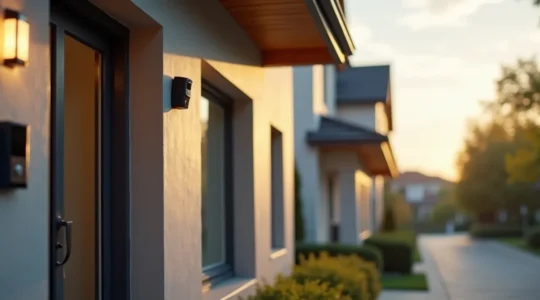Maison moderne sécurisée avec caméras de surveillance intégrées et système de protection visible