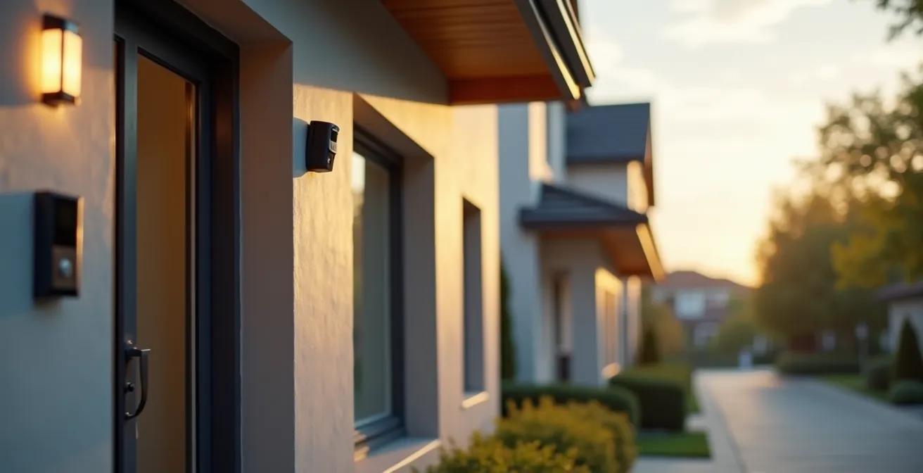 Maison moderne sécurisée avec caméras de surveillance intégrées et système de protection visible
