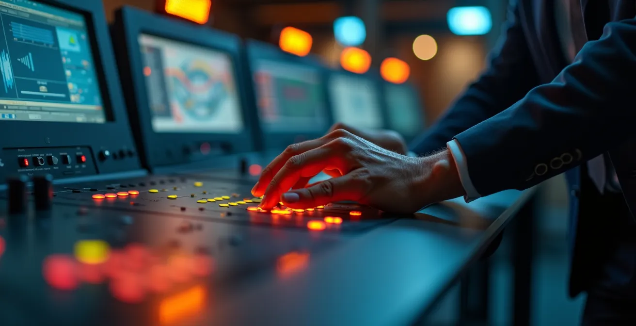 Mains d'opérateur de télésurveillance en action avec système de contrôle